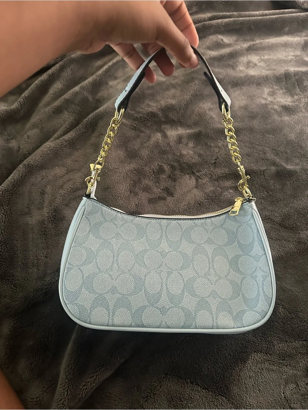 COACH Light Blue Signature Canvas Chain-Handle Shoulder Bag